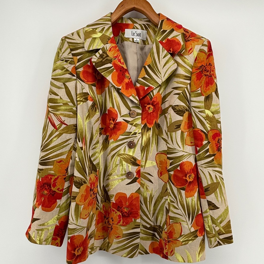 Le Suit Womens 6 Tropical Floral Linen Blend Blazer Orange Green Hibiscus Jacket